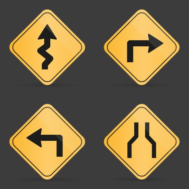 Siyah bir arka plan üzerinde turuncu yol işaret kümesi