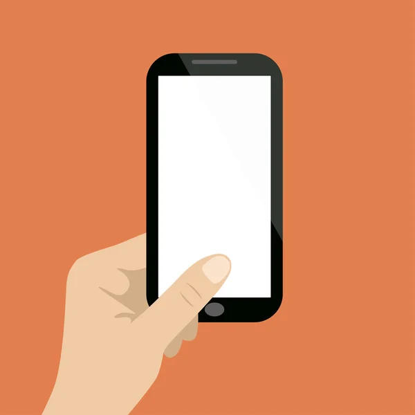 Ruční holdng černý smartphone na oranžovém pozadí — Stockový vektor