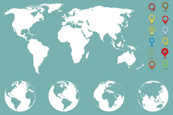 Modèle d'infographie de carte du monde avec différents marqueurs et quatre icônes de globe de différents côtés — Image vectorielle