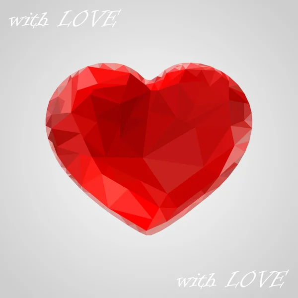 Beau coeur polygonal ou rouge cristal dans un style poly bas pour carte ou affiche Valentine — Image vectorielle