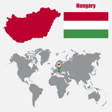 Bayrak ve harita işaretçisi ile bir dünya haritası üzerinde Macaristan haritası. Vektör çizimi