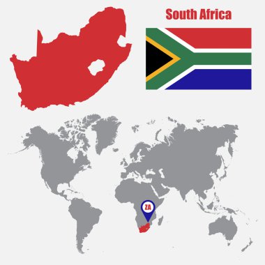 South Africa map on a world map with flag and map pointer. Vector illustration clipart