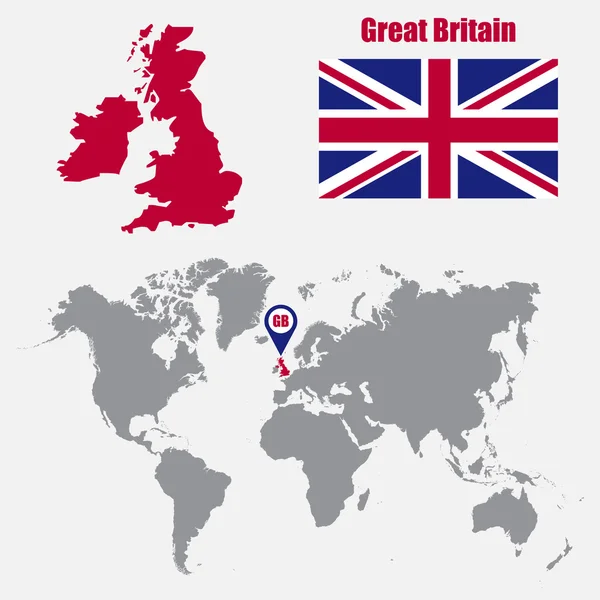Карта Великобритании на карте мира с флагом и указателем на карте. Векторная иллюстрация — стоковый вектор