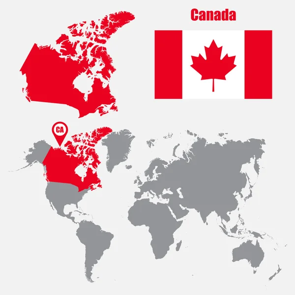 Mapa de Canadá en un mapa del mundo con la bandera y el puntero del mapa. Ilustración vectorial — Vector de stock