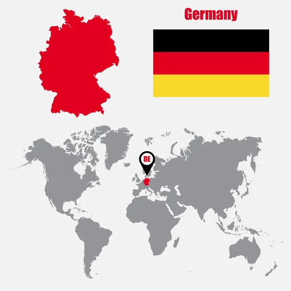 Mapa de Alemania en un mapa mundial con bandera y puntero de mapa. Ilustración vectorial — Vector de stock