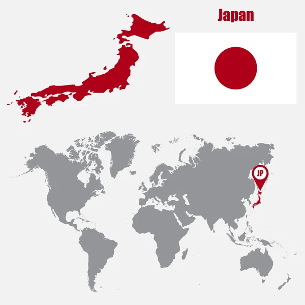 Ιαπωνία χάρτη σε έναν παγκόσμιο χάρτη με σημαία και δείκτη χάρτη. Απεικόνιση διανυσματικών φορέων — Διανυσματικό Αρχείο