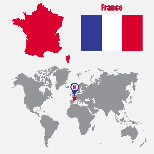 フランスは、フラグとマップポインタを持つ世界地図上のマップ。ベクトルイラスト — ストックベクタ