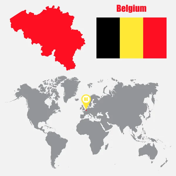 フラグとマップポインタを持つ世界地図上のベルギーマップ。ベクトルイラスト — ストックベクタ