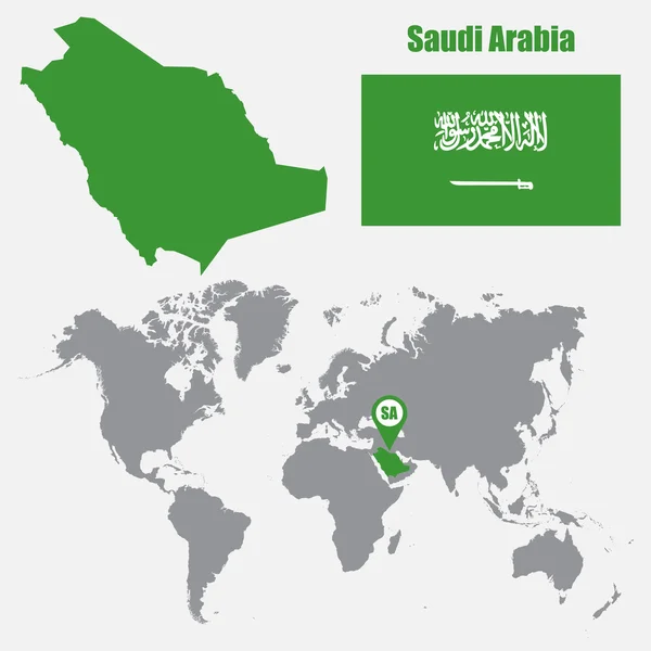 Mapa da Arábia Saudita em um mapa do mundo com bandeira e ponteiro do mapa. Ilustração vetorial — Vetor de Stock