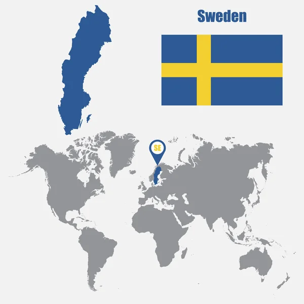 Карта Швеции на карте мира с флагом и указателем на карту. Векторная иллюстрация — стоковый вектор