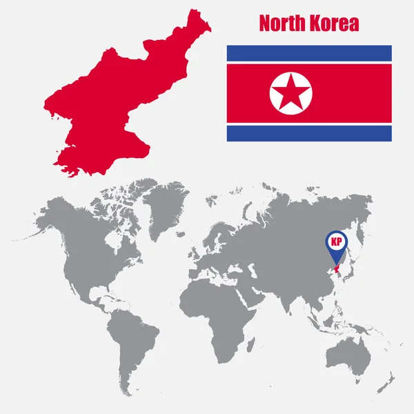 North Korea map on a world map with flag and map pointer. Vector illustration — Stock Vector