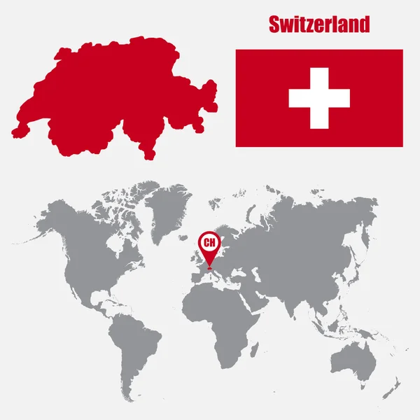 Švýcarsko mapuje na mapu světa s ukazatelem vlajky a mapy. Vektorová ilustrace — Stockový vektor