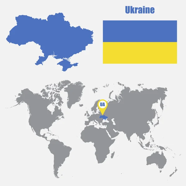 フラグと地図ポインタと世界地図上のウクライナの地図。ベクトルイラスト — ストックベクタ