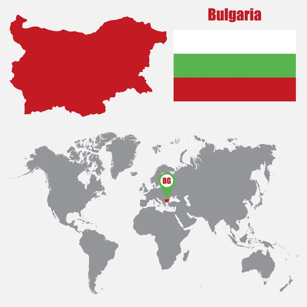 Bulgária mapa em um mapa do mundo com bandeira e ponteiro do mapa. Ilustração vetorial —  Vetores de Stock