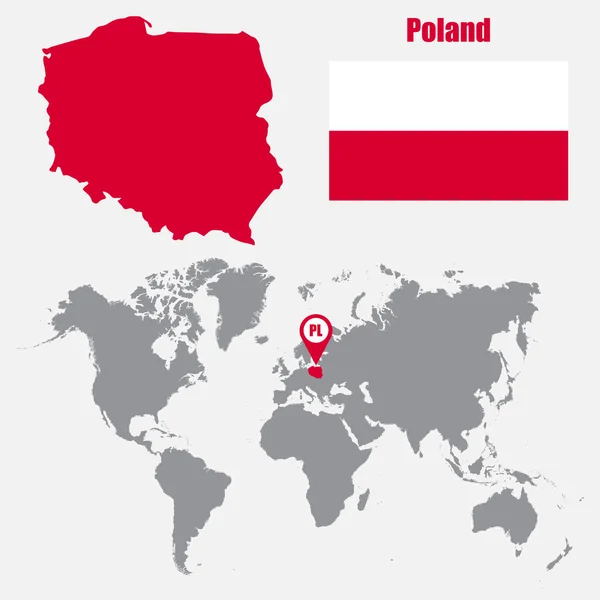 Mapa Polska na mapie świata z flagą i wskaźnikiem mapy. Ilustracja wektorowa — Wektor stockowy