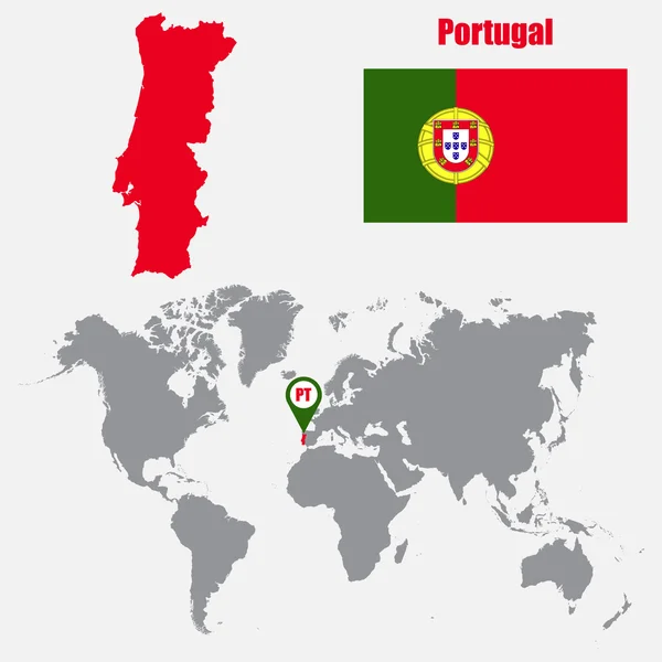 Portugal mapa em um mapa do mundo com bandeira e ponteiro do mapa. Ilustração vetorial — Vetor de Stock