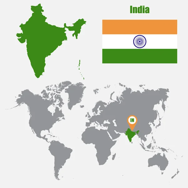 India kaart op een wereld kaart met vlag en kaart aanwijzer. Vector illustratie — Stockvector