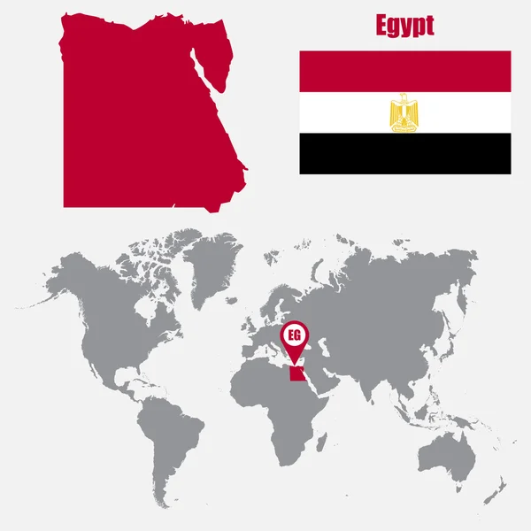Mappa dell'Egitto su una mappa del mondo con bandiera e mappa puntatore. Illustrazione vettoriale — Vettoriale Stock