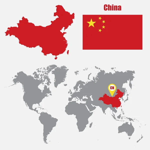 China map on a world map with flag and map pointer. Vector illustration — Stock Vector