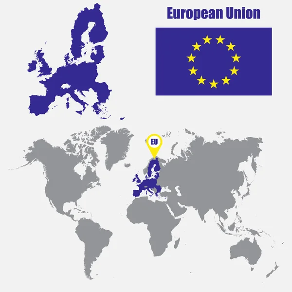 Mapa da União Europeia em um mapa mundial com bandeira e ponteiro do mapa. Ilustração vetorial — Vetor de Stock