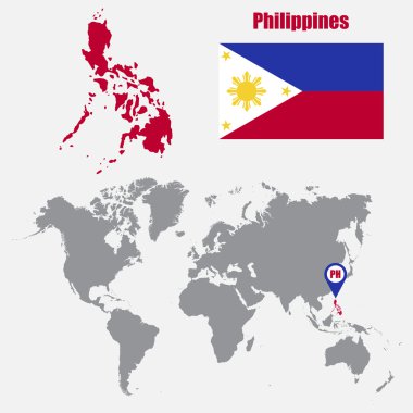 Filipinler bayrağı ile bir dünya haritası üzerinde harita ve işaretçi göster. Vektör çizim