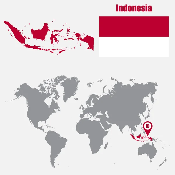 Indonesia mappa su una mappa del mondo con bandiera e mappa puntatore. Illustrazione vettoriale — Vettoriale Stock