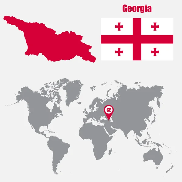 Georgia mapa em um mapa do mundo com bandeira e ponteiro do mapa. Ilustração vetorial — Vetor de Stock