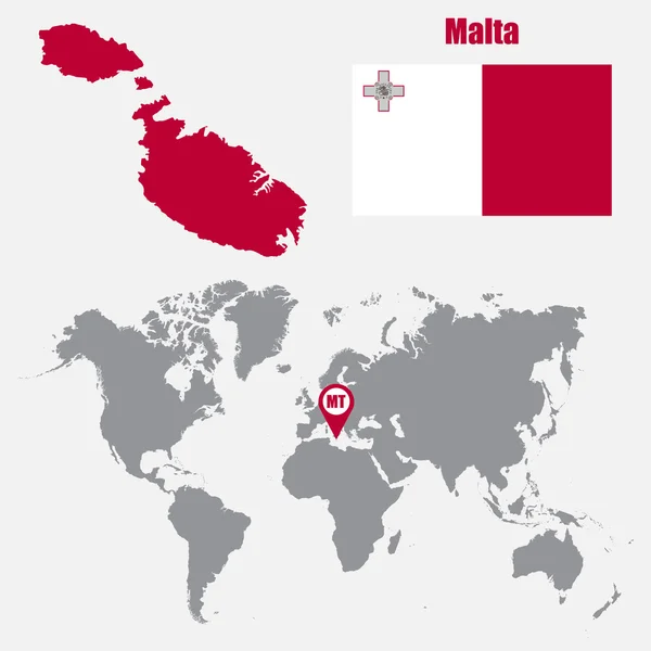 Malta Mapa na mapie świata z flagą i mapę wskaźnika. Ilustracja wektorowa — Wektor stockowy