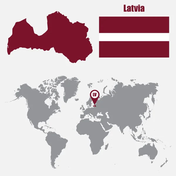 Letônia mapa em um mapa do mundo com bandeira e ponteiro do mapa. Ilustração vetorial — Vetor de Stock