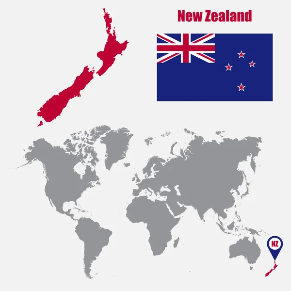 뉴질랜드 국기와 세계 지도에 지도 하 고 포인터에 매핑합니다. 벡터 일러스트 레이 션 — 스톡 벡터
