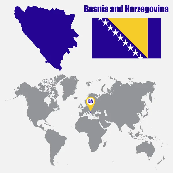 Mappa della Bosnia-Erzegovina su una mappa del mondo con bandiera e mappa puntatore. Illustrazione vettoriale — Vettoriale Stock