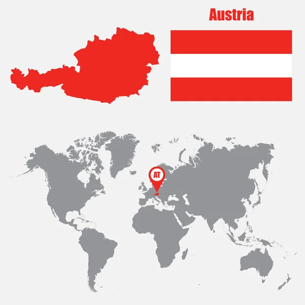 Rakousko mapy na mapu světa s vlajkou a namapovat ukazatel. Vektorové ilustrace — Stockový vektor
