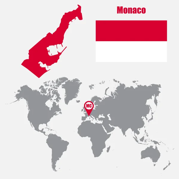 Mônaco mapa em um mapa do mundo com bandeira e ponteiro do mapa. Ilustração vetorial — Vetor de Stock