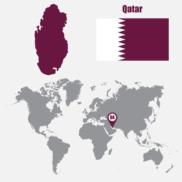 Mapa do Qatar em um mapa do mundo com bandeira e ponteiro do mapa. Ilustração vetorial — Vetor de Stock