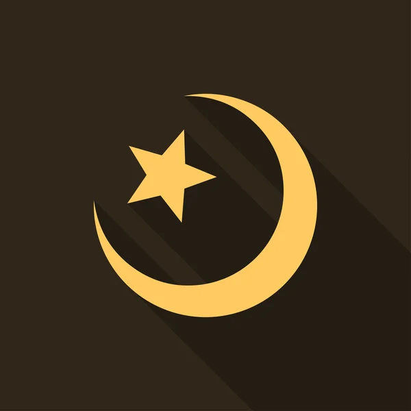 Ícone de estrela e crescente com sombra longa em um design plano — Vetor de Stock