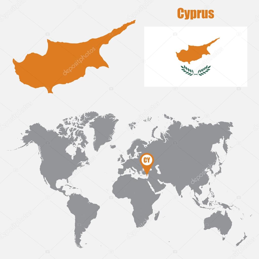 Cyprus map on a world map with flag and map pointer. Vector