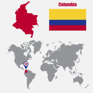 Columbia map on a world map with flag and map pointer. Vector illustration clipart