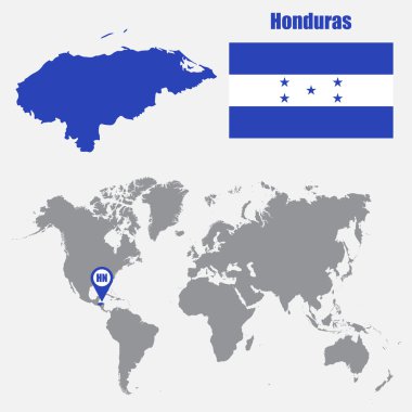 Honduras bayrağı ile bir dünya haritası üzerinde harita ve işaretçi göster. Vektör çizim