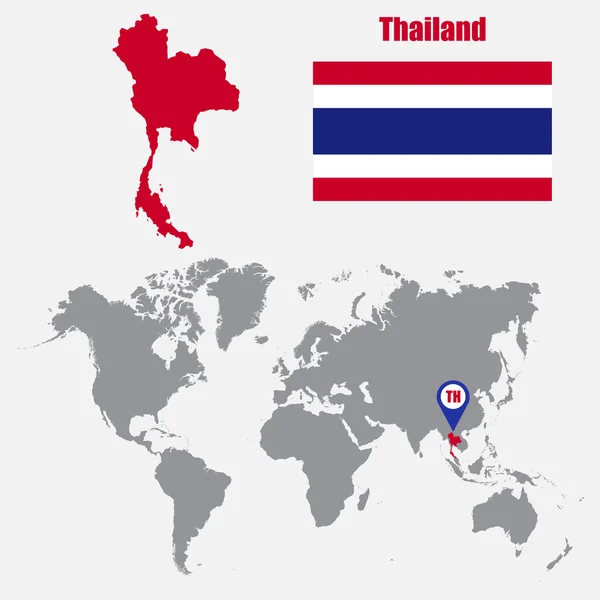 Ταϊλάνδη Χάρτης σε έναν παγκόσμιο χάρτη με σημαία και χάρτη του δείκτη. Εικονογράφηση διάνυσμα — Διανυσματικό Αρχείο