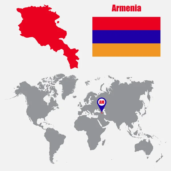 Carte de l'Arménie sur une carte du monde avec drapeau et pointeur de carte. Illustration vectorielle — Image vectorielle