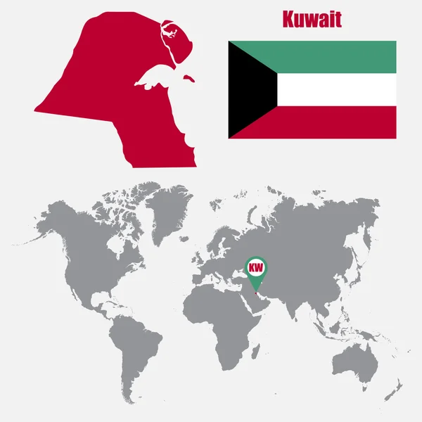 Kuwait mapa em um mapa do mundo com bandeira e ponteiro do mapa. Ilustração vetorial — Vetor de Stock