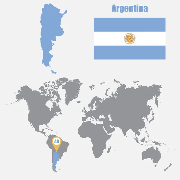 Mapa de Argentina en un mapa mundial con bandera y puntero de mapa. Ilustración vectorial — Archivo Imágenes Vectoriales