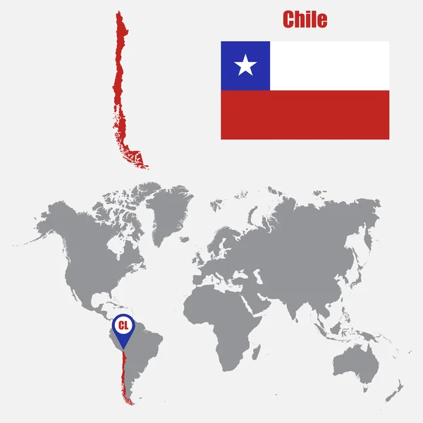 Mapa de Chile en un mapa mundial con bandera y puntero de mapa. Ilustración vectorial — Archivo Imágenes Vectoriales