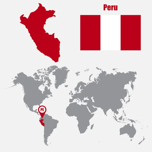 Mapa de Perú en un mapa mundial con bandera y puntero de mapa. Ilustración vectorial — Archivo Imágenes Vectoriales