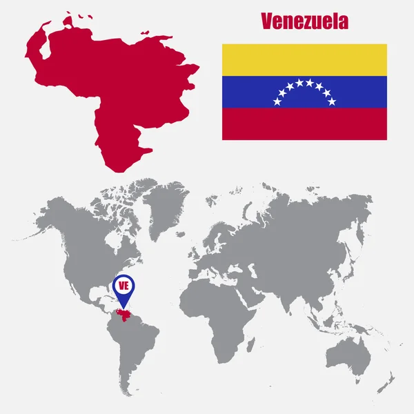 Карта Венесуэлы на карте мира с флагом и указателем на карте. Векторная иллюстрация — стоковый вектор