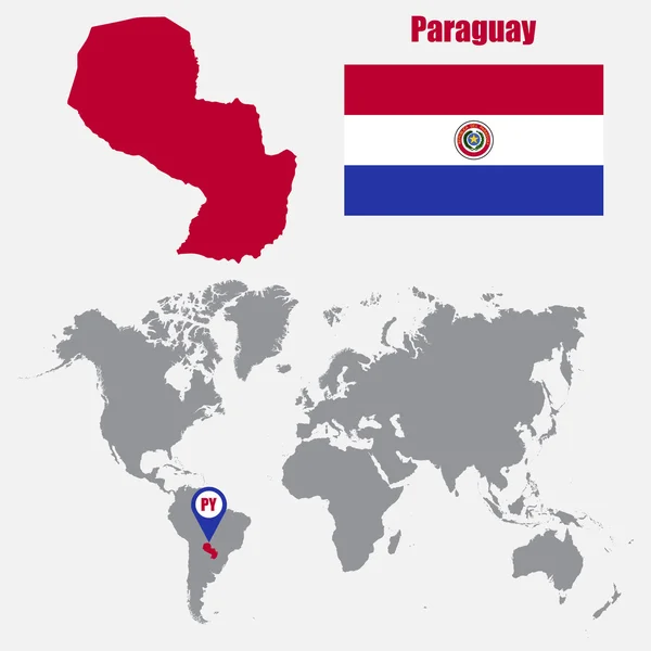 Paraguay mapa en un mapa mundial con la bandera y el puntero del mapa. Ilustración vectorial — Archivo Imágenes Vectoriales