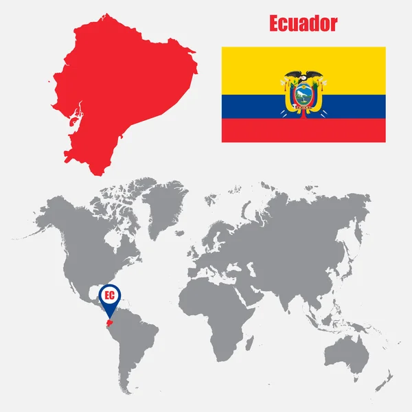 Еквадор карта на карті світу з прапором і карта вказівник. Векторні ілюстрації — стоковий вектор