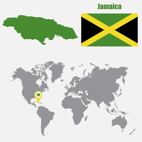 Jamaica mapa en un mapa del mundo con la bandera y el mapa puntero. Ilustración vectorial — Vector de stock