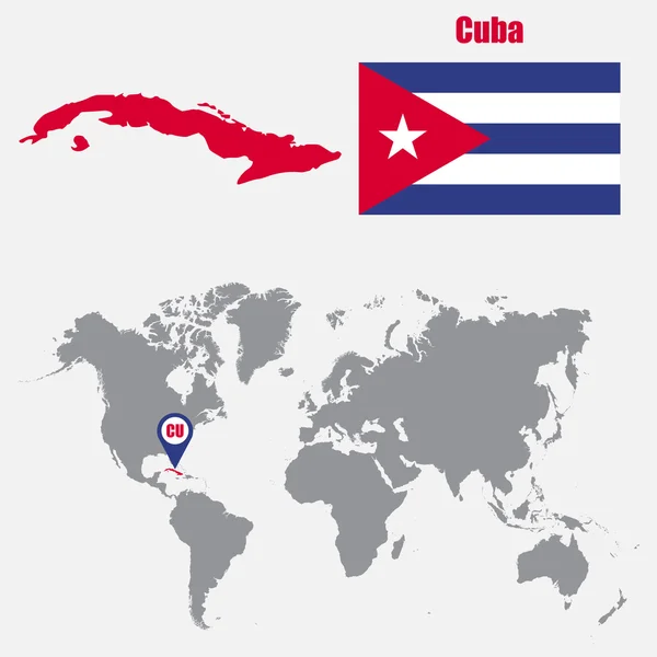 Cuba mapa em um mapa do mundo com bandeira e ponteiro do mapa. Ilustração vetorial — Vetor de Stock