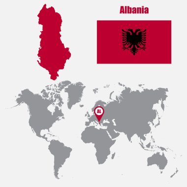 Arnavutluk bayrağı ile bir dünya haritası üzerinde harita ve işaretçi göster. Vektör çizim